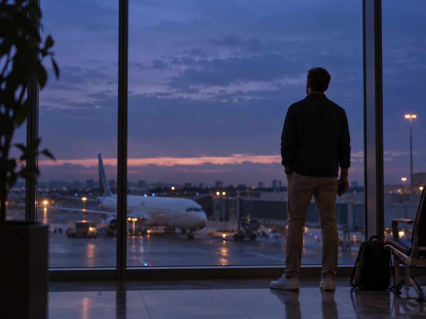 Homem de costas diante da janela de um aeroporto ao amanhecer, olhando a pista